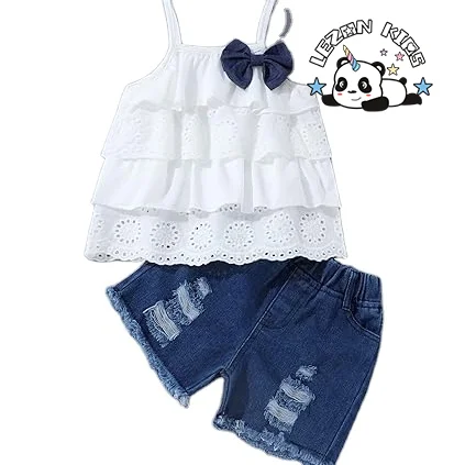 LEZONKIDS - Conjunto de Roupas de Bebê Menina Personalizável de Top de Camisola com Babado e Short Casual para Verão